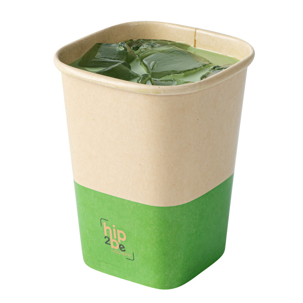 restaurantware Hip 2 Be Square 12 oz Kraft and Green Paper Hot / Cold Drinking Cup - Single Wall - 3 1/4" x 3 1/4" x 4 1/4" - 500 count box