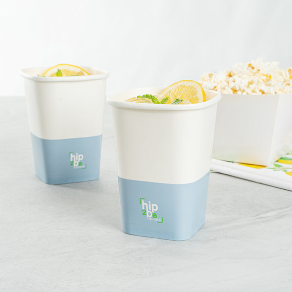 Restaurantware Hip 2 Be Square 12 Oz White And Blue Paper Hot / Cold Drinking Cup - Single Wall - 3 1/4" X 3 1/4" X 4 1/4" - 500 Count Box