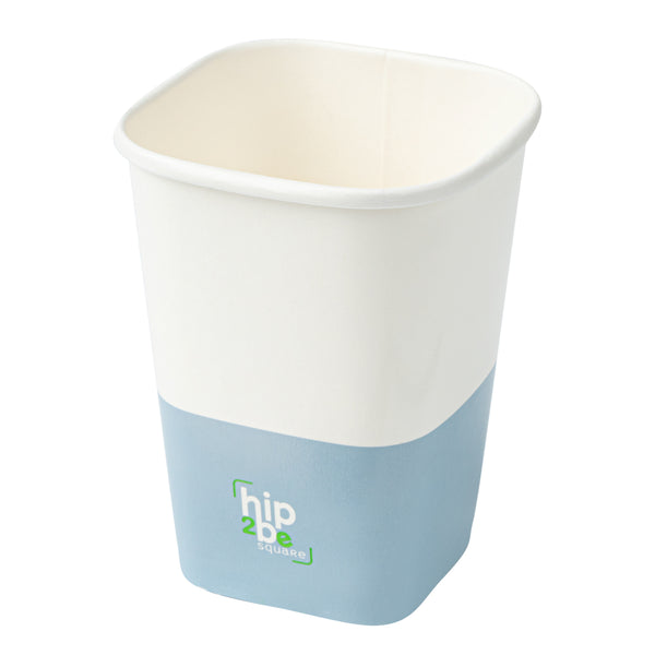 Restaurantware Hip 2 Be Square 12 Oz White And Blue Paper Hot / Cold Drinking Cup - Single Wall - 3 1/4" X 3 1/4" X 4 1/4" - 500 Count Box