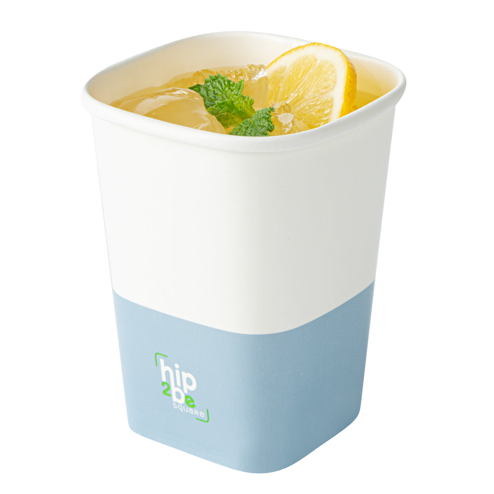 restaurantware Hip 2 Be Square 12 oz White and Blue Paper Hot / Cold Drinking Cup - Single Wall - 3 1/4" x 3 1/4" x 4 1/4" - 500 count box