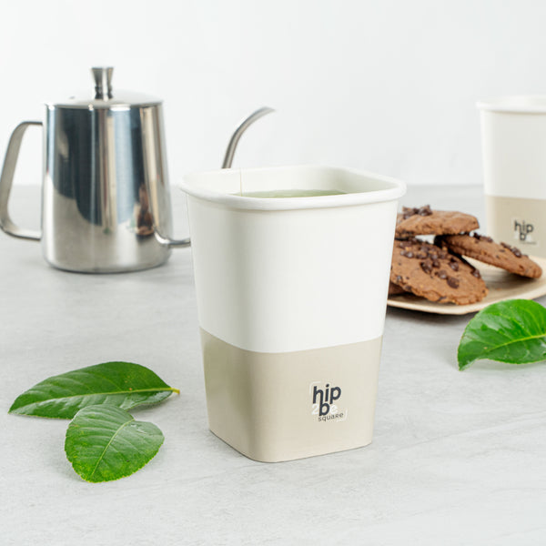 Restaurantware Hip 2 Be Square 12 Oz White And Taupe Paper Hot / Cold Drinking Cup - Single Wall - 3 1/4" X 3 1/4" X 4 1/4" - 500 Count Box