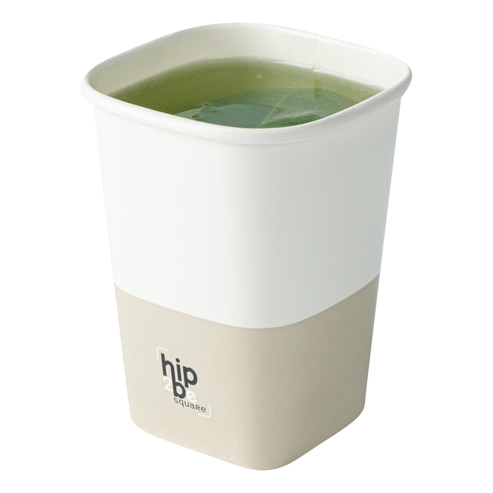 restaurantware Hip 2 Be Square 12 oz White and Taupe Paper Hot / Cold Drinking Cup - Single Wall - 3 1/4" x 3 1/4" x 4 1/4" - 500 count box