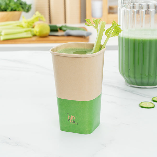 Restaurantware Hip 2 Be Square 16 Oz Kraft And Green Paper Hot / Cold Drinking Cup - Single Wall - 3 1/4" X 3 1/4" X 5 1/2" - 500 Count Box