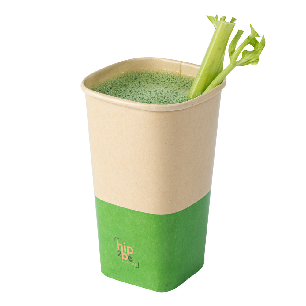 restaurantware Hip 2 Be Square 16 oz Kraft and Green Paper Hot / Cold Drinking Cup - Single Wall - 3 1/4" x 3 1/4" x 5 1/2" - 500 count box