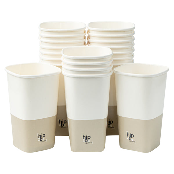 Restaurantware Hip 2 Be Square 16 Oz White And Taupe Paper Hot / Cold Drinking Cup - Single Wall - 3 1/4" X 3 1/4" X 5 1/2" - 500 Count Box