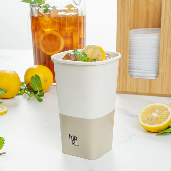 Restaurantware Hip 2 Be Square 16 Oz White And Taupe Paper Hot / Cold Drinking Cup - Single Wall - 3 1/4" X 3 1/4" X 5 1/2" - 500 Count Box