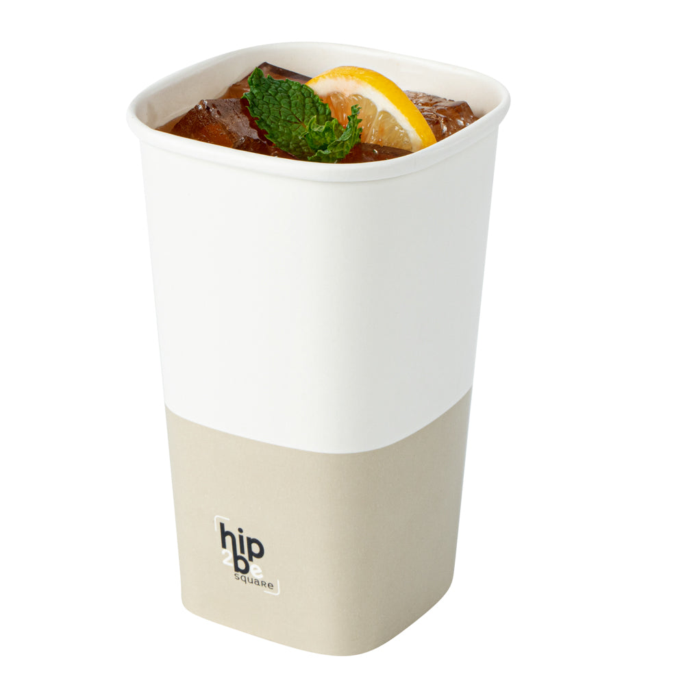 restaurantware Hip 2 Be Square 16 oz White and Taupe Paper Hot / Cold Drinking Cup - Single Wall - 3 1/4" x 3 1/4" x 5 1/2" - 500 count box