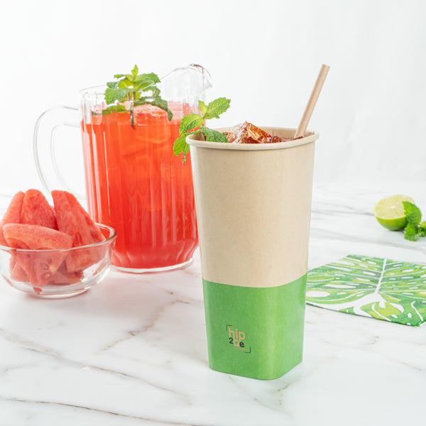 Restaurantware Hip 2 Be Square 22 Oz Kraft And Green Paper Hot / Cold Drinking Cup - Single Wall - 3 1/4" X 3 1/4" X 6 3/4" - 500 Count Box