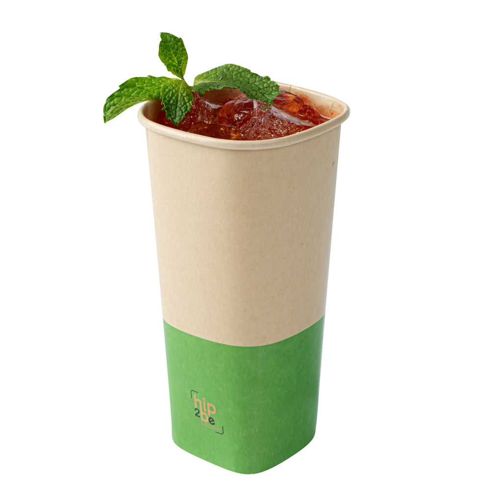 restaurantware Hip 2 Be Square 22 oz Kraft and Green Paper Hot / Cold Drinking Cup - Single Wall - 3 1/4" x 3 1/4" x 6 3/4" - 500 count box