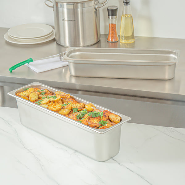 Restaurantware Kitchen Tek Stainless Steel 1/2 Size Long Steam Table Pan - 6 Inch Deep Anti Jam 24 Gauge - 6 Count Box