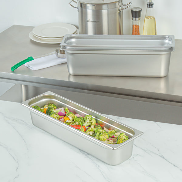 Restaurantware Kitchen Tek Stainless Steel 1/2 Size Long Steam Table Pan - 4 Inch Deep Anti Jam 24 Gauge - 6 Count Box
