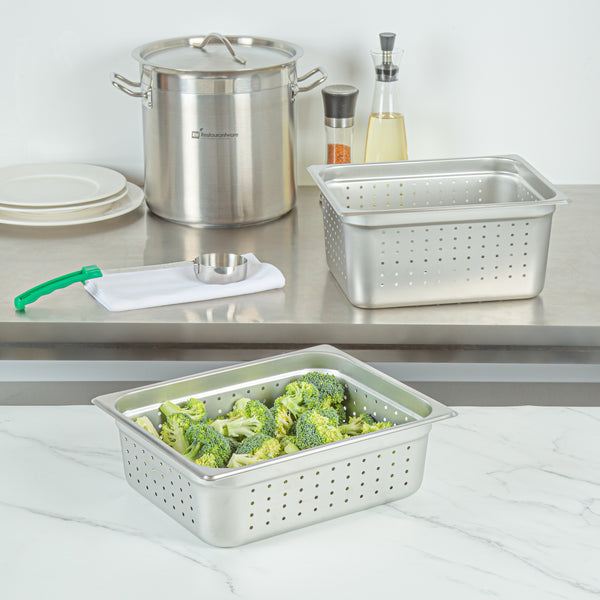 Restaurantware Kitchen Tek Stainless Steel 1/2 Size Steam Table Pan - 4 Inch Deep Perforated Anti Jam 24 Gauge - 6 Count Box