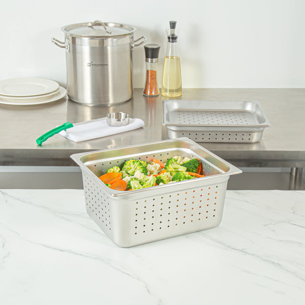 Restaurantware Kitchen Tek Stainless Steel 1/2 Size Steam Table Pan - 6 Inch Deep Perforated Anti Jam 24 Gauge - 6 Count Box