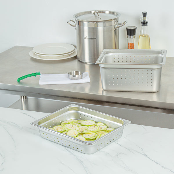 Restaurantware Kitchen Tek Stainless Steel 1/2 Size Steam Table Pan - 2 1/2 Inch Deep Perforated Anti Jam 24 Gauge - 12 Count Box