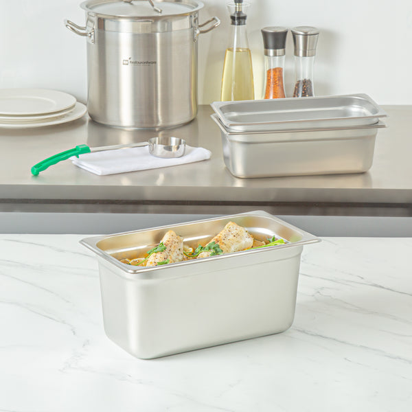 Restaurantware Kitchen Tek Stainless Steel 1/3 Size Steam Table Pan - 6 Inch Deep Anti Jam 24 Gauge - 12 Count Box
