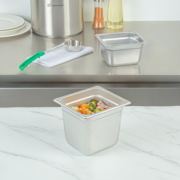 Restaurantware Kitchen Tek Stainless Steel 1/6 Size Steam Table Pan - 6 Inch Deep Anti Jam 24 Gauge - 12 Count Box