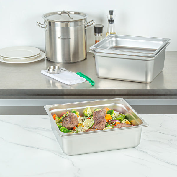 Restaurantware Kitchen Tek Stainless Steel 2/3 Size Steam Table Pan - 4 Inch Deep Anti Jam 24 Gauge - 6 Count Box
