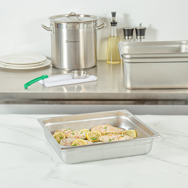 Restaurantware Kitchen Tek Stainless Steel 2/3 Size Steam Table Pan - 2 1/2 Inch Deep Anti Jam 24 Gauge - 12 Count Box
