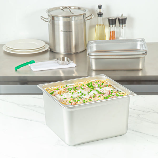 Restaurantware Kitchen Tek Stainless Steel 2/3 Size Steam Table Pan - 8 Inch Deep Anti Jam 24 Gauge - 6 Count Box