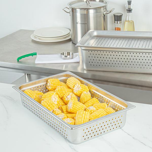Restaurantware Kitchen Tek Stainless Steel Full Size Steam Table Pan - 4 Inch Deep Perforated Anti Jam 24 Gauge - 6 Count Box