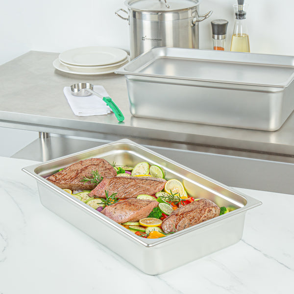 Restaurantware Kitchen Tek Stainless Steel Full Size Steam Table Pan - 4 Inch Deep Anti Jam 24 Gauge - 6 Count Box
