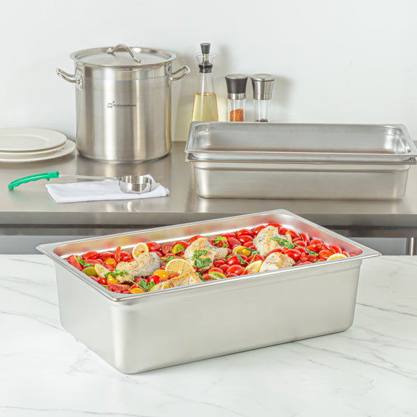 Restaurantware Kitchen Tek Stainless Steel Full Size Steam Table Pan - 6 Inch Deep Anti Jam 24 Gauge - 6 Count Box