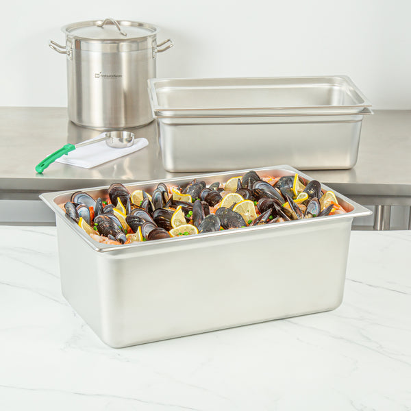 Restaurantware Kitchen Tek Stainless Steel Full Size Steam Table Pan - 8 Inch Deep Anti Jam 24 Gauge - 6 Count Box
