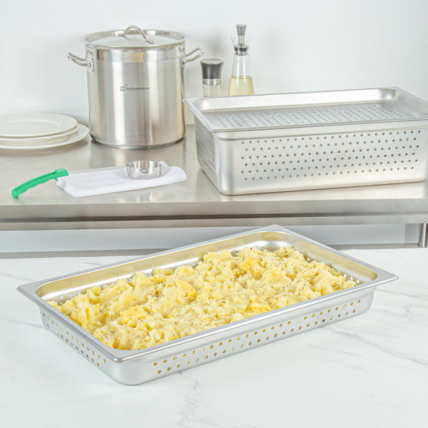 Restaurantware Kitchen Tek Stainless Steel Full Size Steam Table Pan - 2 1/2 Inch Deep Perforated Anti Jam 24 Gauge - 6 Count Box