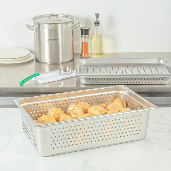 Restaurantware Kitchen Tek Stainless Steel Full Size Steam Table Pan - 6 Inch Deep Perforated Anti Jam 24 Gauge - 6 Count Box