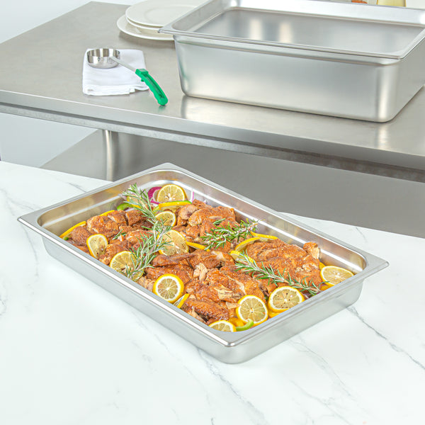 Restaurantware Kitchen Tek Stainless Steel Full Size Steam Table Pan - 2 1/2 Inch Deep Anti Jam 24 Gauge - 6 Count Box