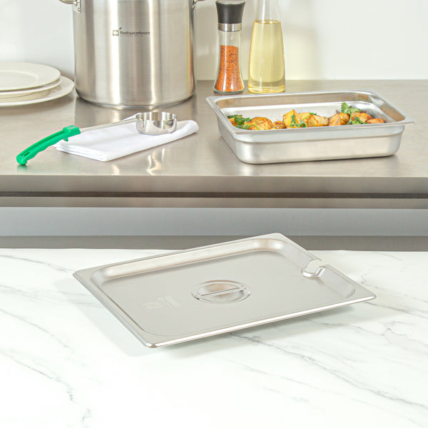 Restaurantware Kitchen Tek Stainless Steel Slotted Lid - Fits 1/2 Size Steam Table Pan - 12 Count Box