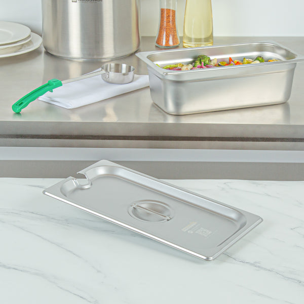 Restaurantware Kitchen Tek Stainless Steel Slotted Lid - Fits 1/3 Size Steam Table Pan - 12 Count Box