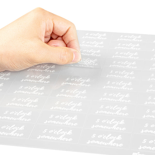 Restaurantware Label Tek Plastic 5 O'Clock Somewhere Label - Clear With White Font Water-Resistant - 2" X 1" - 100 Count Box
