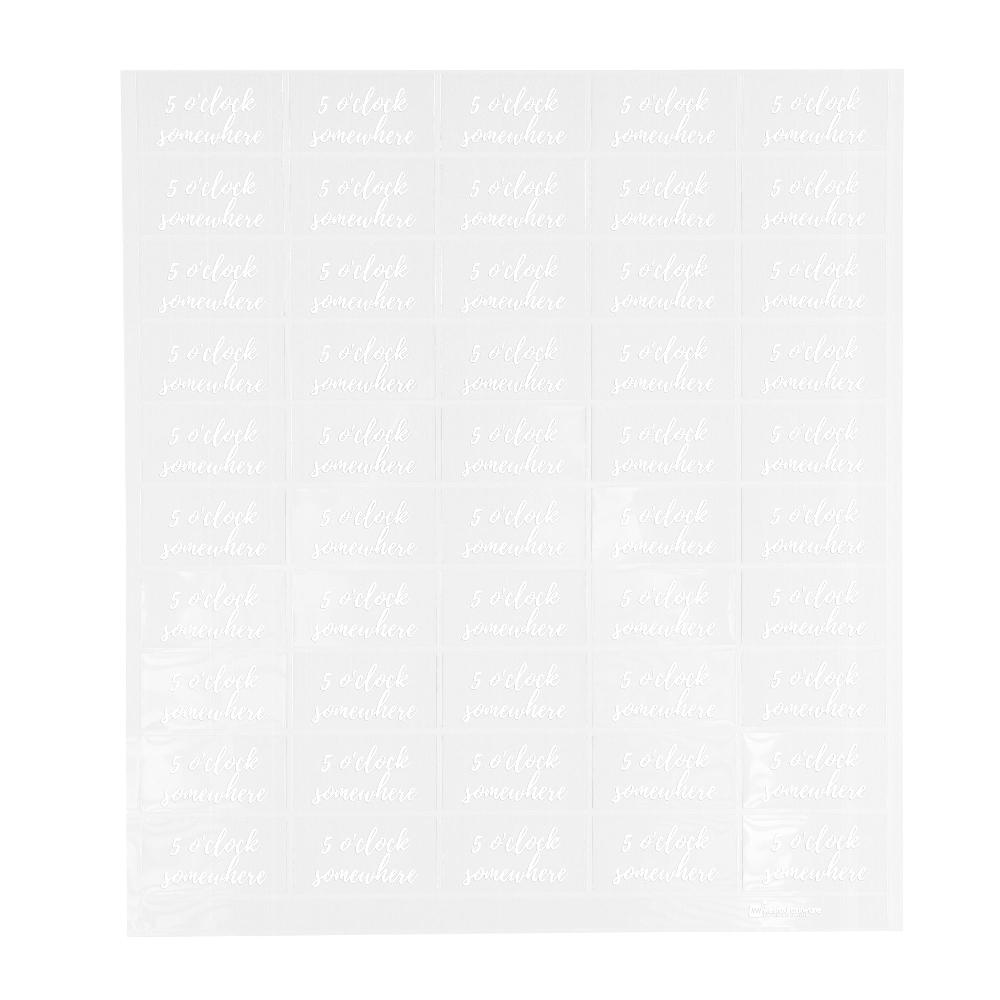 restaurantware Label Tek Plastic 5 O'Clock Somewhere Label - Clear with White Font Water-Resistant - 2" x 1" - 100 count box