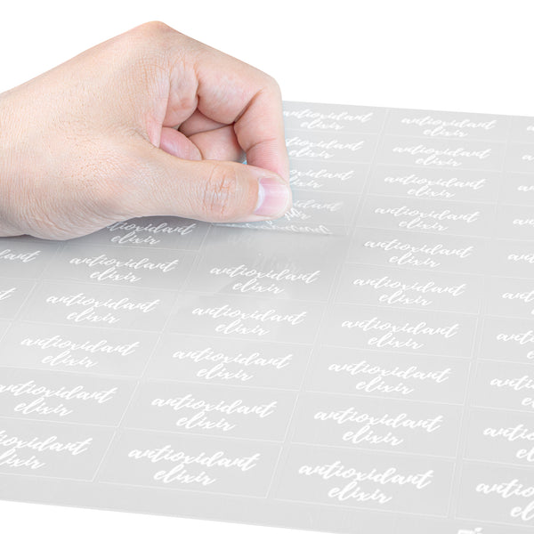 Restaurantware Label Tek Plastic Antioxidant Elixir Label - Clear With White Font Water-Resistant - 2" X 1" - 100 Count Box