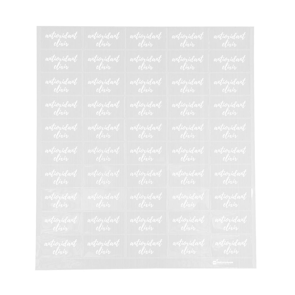 restaurantware Label Tek Plastic Antioxidant Elixir Label - Clear with White Font Water-Resistant - 2" x 1" - 100 count box