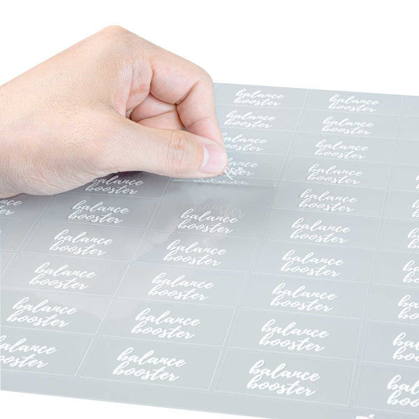 Restaurantware Label Tek Plastic Balance Booster Label - Clear With White Font Water-Resistant - 2" X 1" - 100 Count Box
