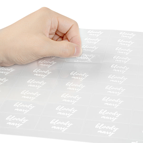 Restaurantware Label Tek Plastic Bloody Mary Label - Clear With White Font Water-Resistant - 2" X 1" - 100 Count Box