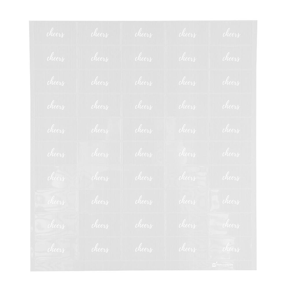 restaurantware Label Tek Plastic Cheers Label - Clear with White Font Water-Resistant - 2" x 1" - 100 count box