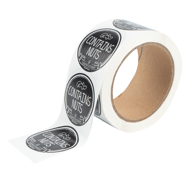 Restaurantware Label Tek Plastic Contains Nuts Label - Black With White Font Tamper-Evident - 2" X 2" - 500 Count Box