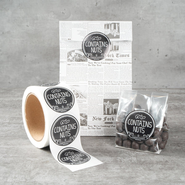 Restaurantware Label Tek Plastic Contains Nuts Label - Black With White Font Tamper-Evident - 2" X 2" - 500 Count Box
