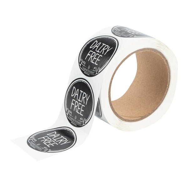 Restaurantware Label Tek Plastic Dairy Free Label - Black With White Font Tamper-Evident - 2" X 2" - 500 Count Box