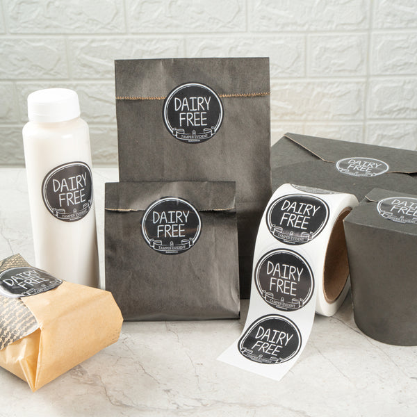 Restaurantware Label Tek Plastic Dairy Free Label - Black With White Font Tamper-Evident - 2" X 2" - 500 Count Box