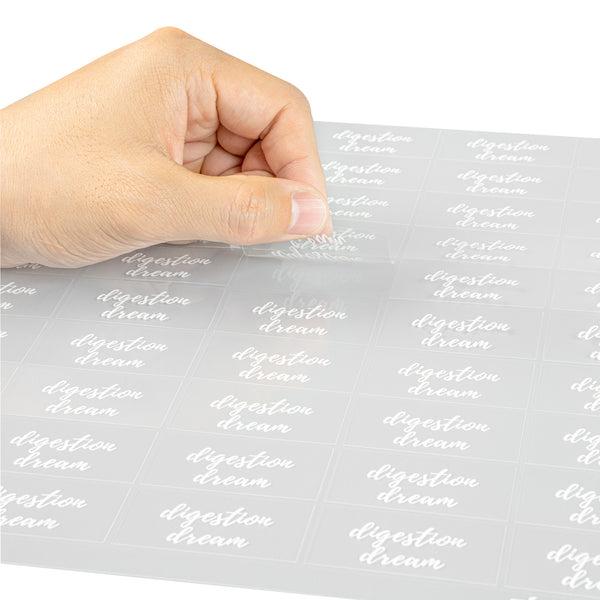 Restaurantware Label Tek Plastic Digestion Dream Label - Clear With White Font Water-Resistant - 2" X 1" - 100 Count Box