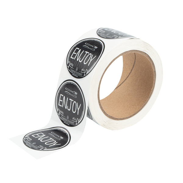 Restaurantware Label Tek Plastic Enjoy Label - Black With White Font Tamper-Evident - 2" X 2" - 500 Count Box