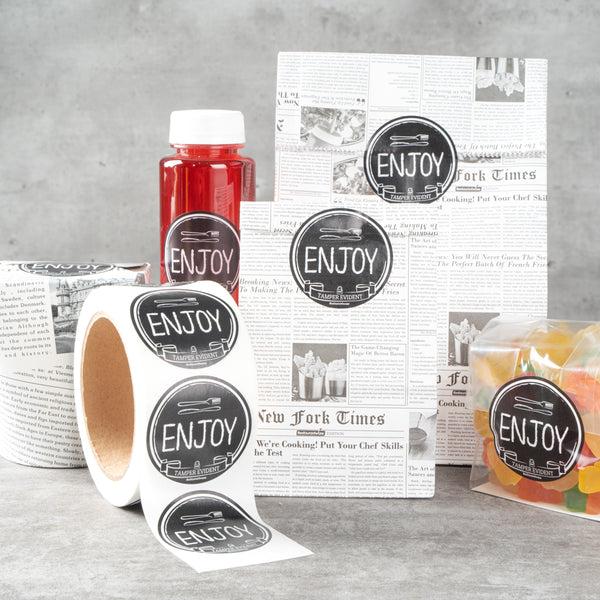 Restaurantware Label Tek Plastic Enjoy Label - Black With White Font Tamper-Evident - 2" X 2" - 500 Count Box