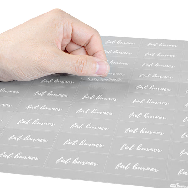 Restaurantware Label Tek Plastic Fat Burner Label - Clear With White Font Water-Resistant - 2" X 1" - 100 Count Box