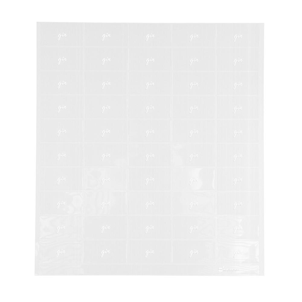 restaurantware Label Tek Plastic Gin Label - Clear with White Font Water-Resistant - 2" x 1" - 100 count box