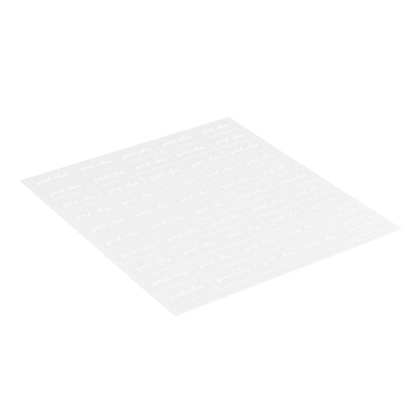 Restaurantware Label Tek Plastic Good Vibes Label - Clear With White Font Water-Resistant - 2" X 1" - 100 Count Box