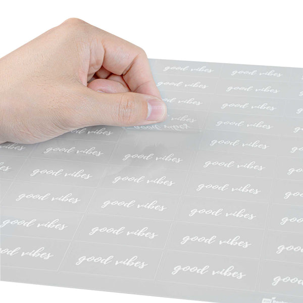 Restaurantware Label Tek Plastic Good Vibes Label - Clear With White Font Water-Resistant - 2" X 1" - 100 Count Box